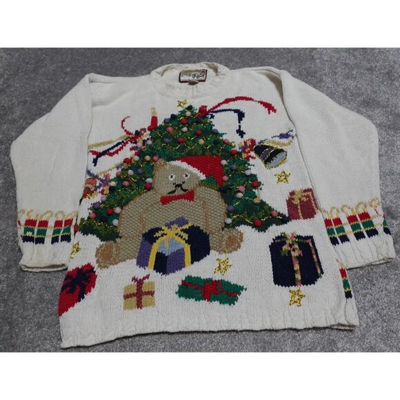 Vintage Crystal Kobe Ugly Christmas Sweater Women's Small Ivory Embroidered - Picture 1 of 9